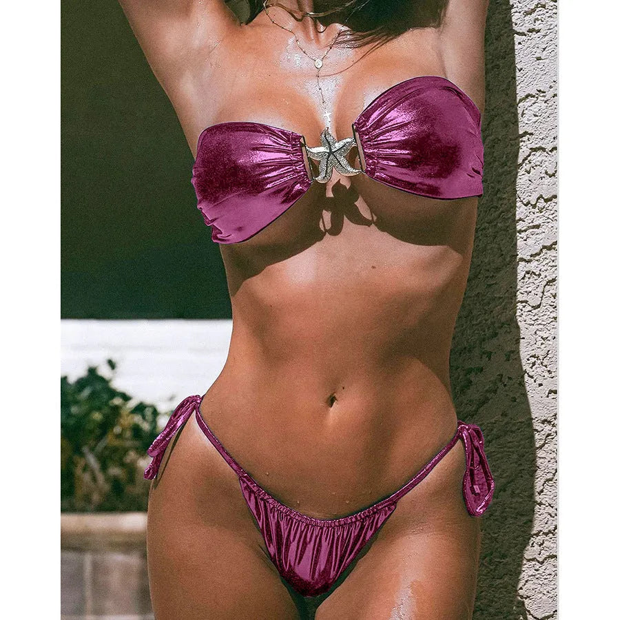 Women's glossy bikini with gold starfish pattern in sapphire blue, tube top design with long sleeves
