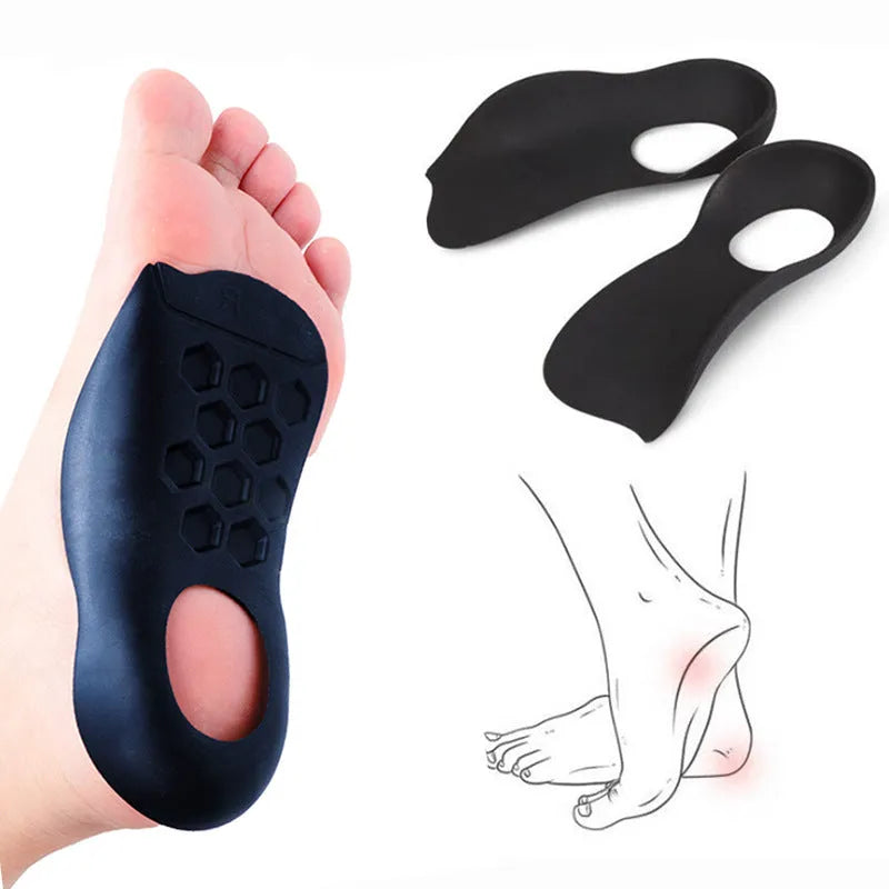 Varus correction arch support insole in TPR material shown in white, black, and skin colour options.