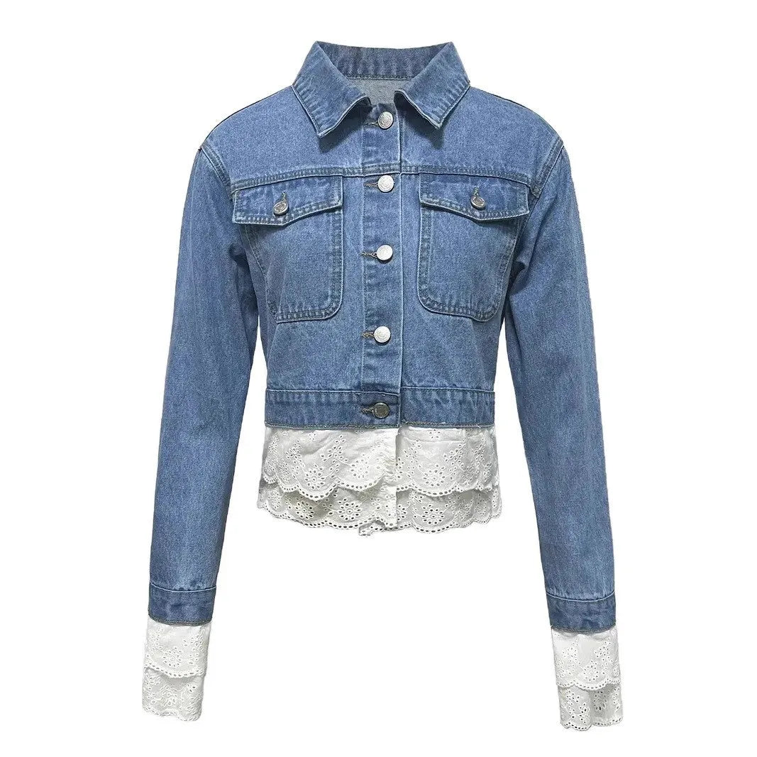Blue women's denim jacket with lace stitching detailing, long sleeves, available in multiple sizes