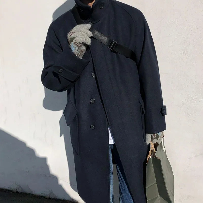 Plus size women wearing a British style blue wool look trench coat with slim fit