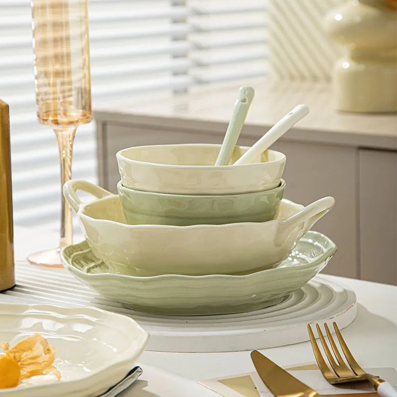7 piece solid colour ceramic dinnerware set in modern Japanese style with microwave-safe construction