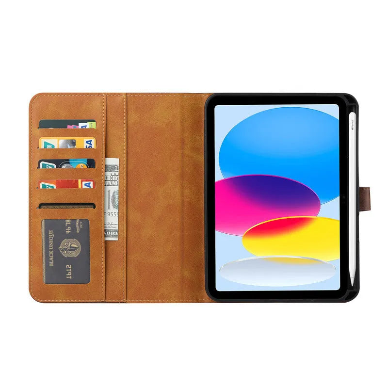 Classic black imitation leather flip cover case for iPad showing stand mode.