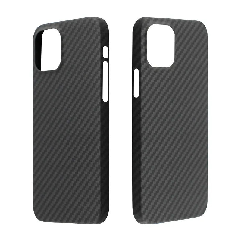 Matte black Kevlar fibre iPhone case with textured back, shown next to an iPhone.