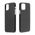Matte black Kevlar fibre iPhone case with textured back, shown next to an iPhone.