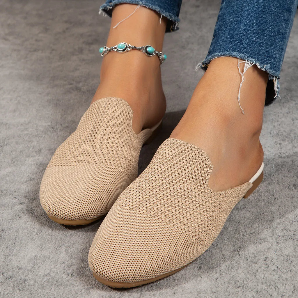 Women's mesh slip-on sandals in apricot, blue and green candy colours with round toe design