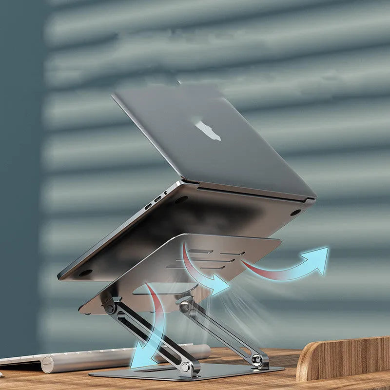 Grey silver aluminium alloy double-layer desktop computer stand with heat sink on a desk