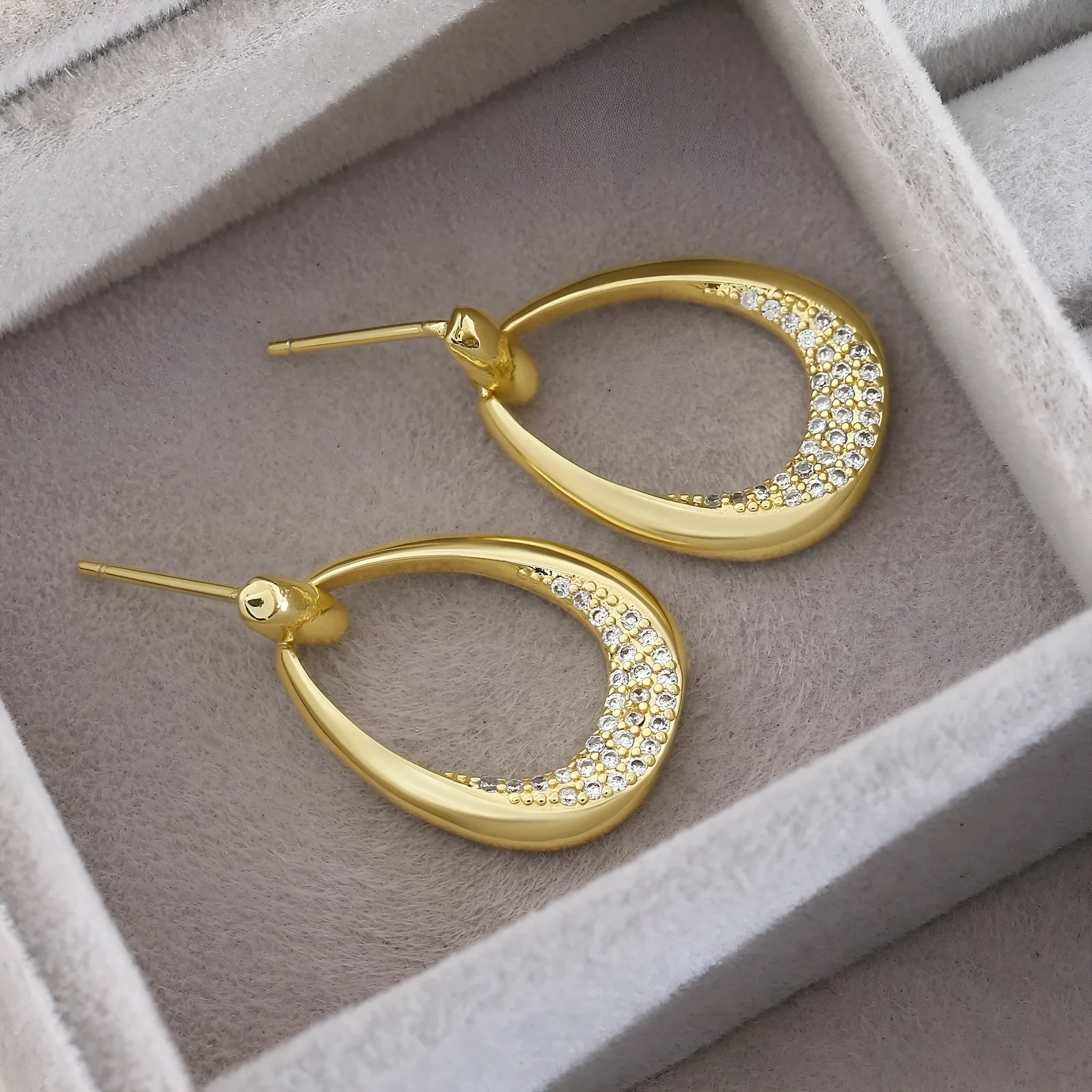 Yellow gold geometric drop earrings for women with ring design, dimensions 2.6cm by 1.7cm.