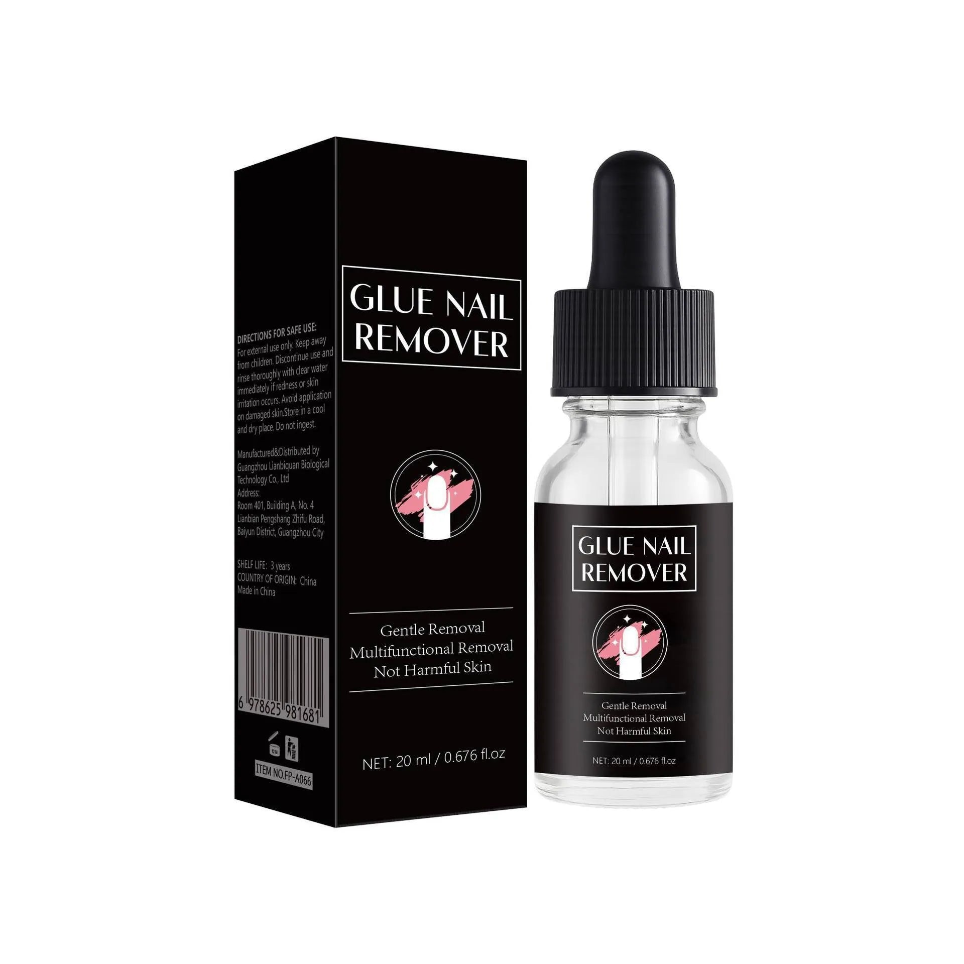 FP-A066 style nail glue remover bottle with brush applicator, 20ml net content.