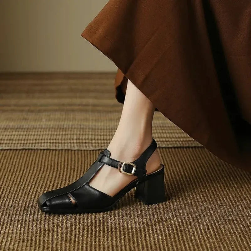 Women's closed toe chunky heel sandals in dark brown or black, retro hollow design, sizes 35-40