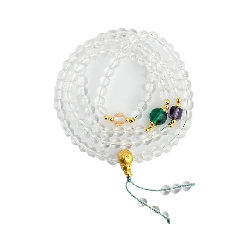 White crystal 108-bead rosary bracelet necklace with geometric shaping and ethnic design elements