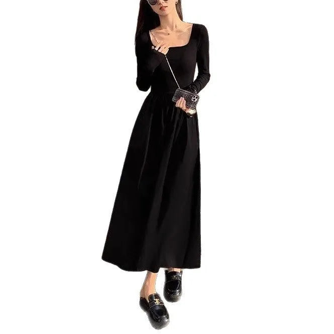 Women's black square collar knitted dress with long sleeves and an elastic A-line waist