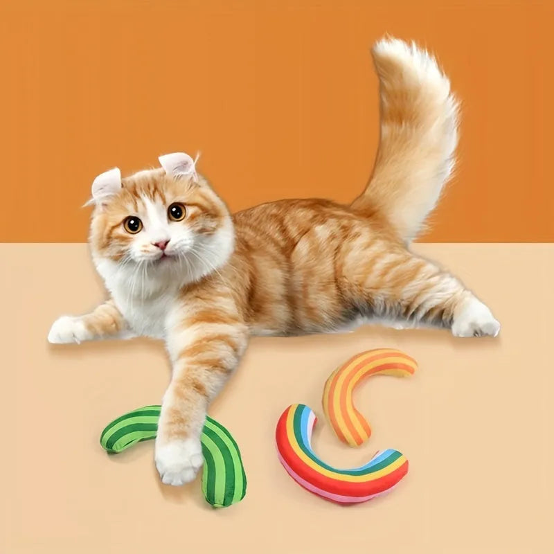 Striped pattern cat pillow toy with noise feature and catnip strip in green, rainbow and yellow colour options