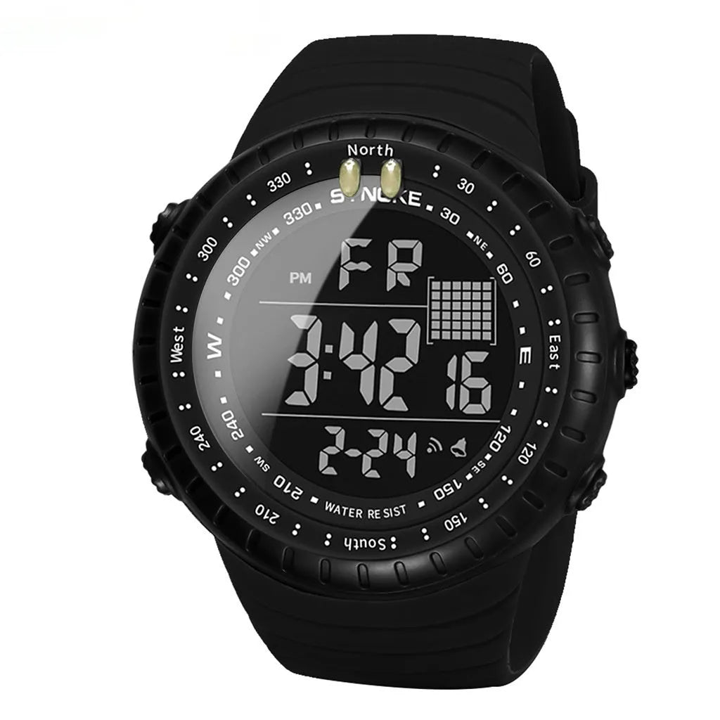 Black digital waterproof watch with large 54.74mm dial and textured PU strap on a wrist