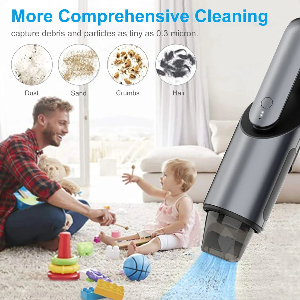 Black portable wireless car vacuum cleaner with brush and flat attachments on fabric storage bag
