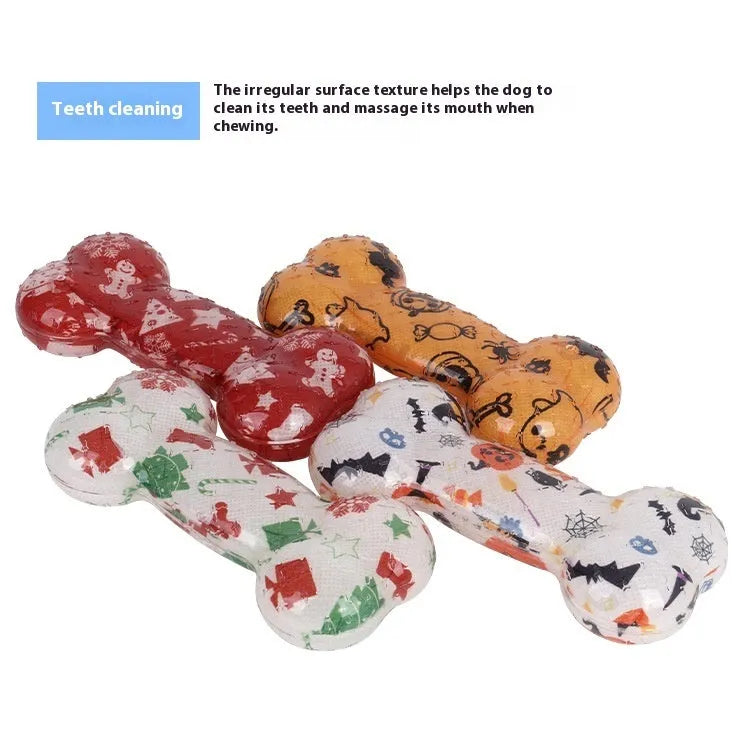 Printed bone-shaped TPR dog toy with squeaker in seasonal red and orange colour options