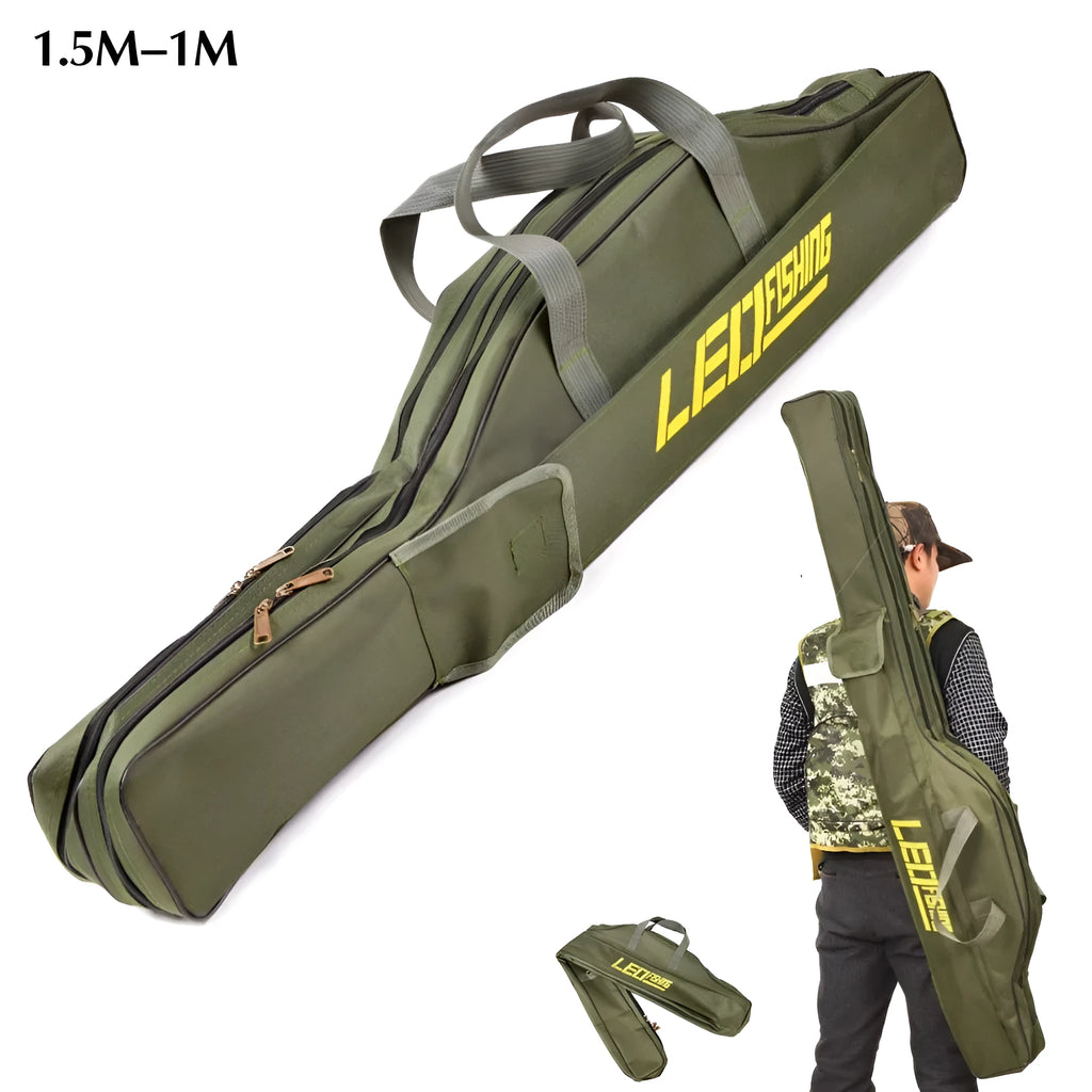 LEO foldable pot belly fishing rod bag in 420D Oxford cloth, 1.5m length, army green colour