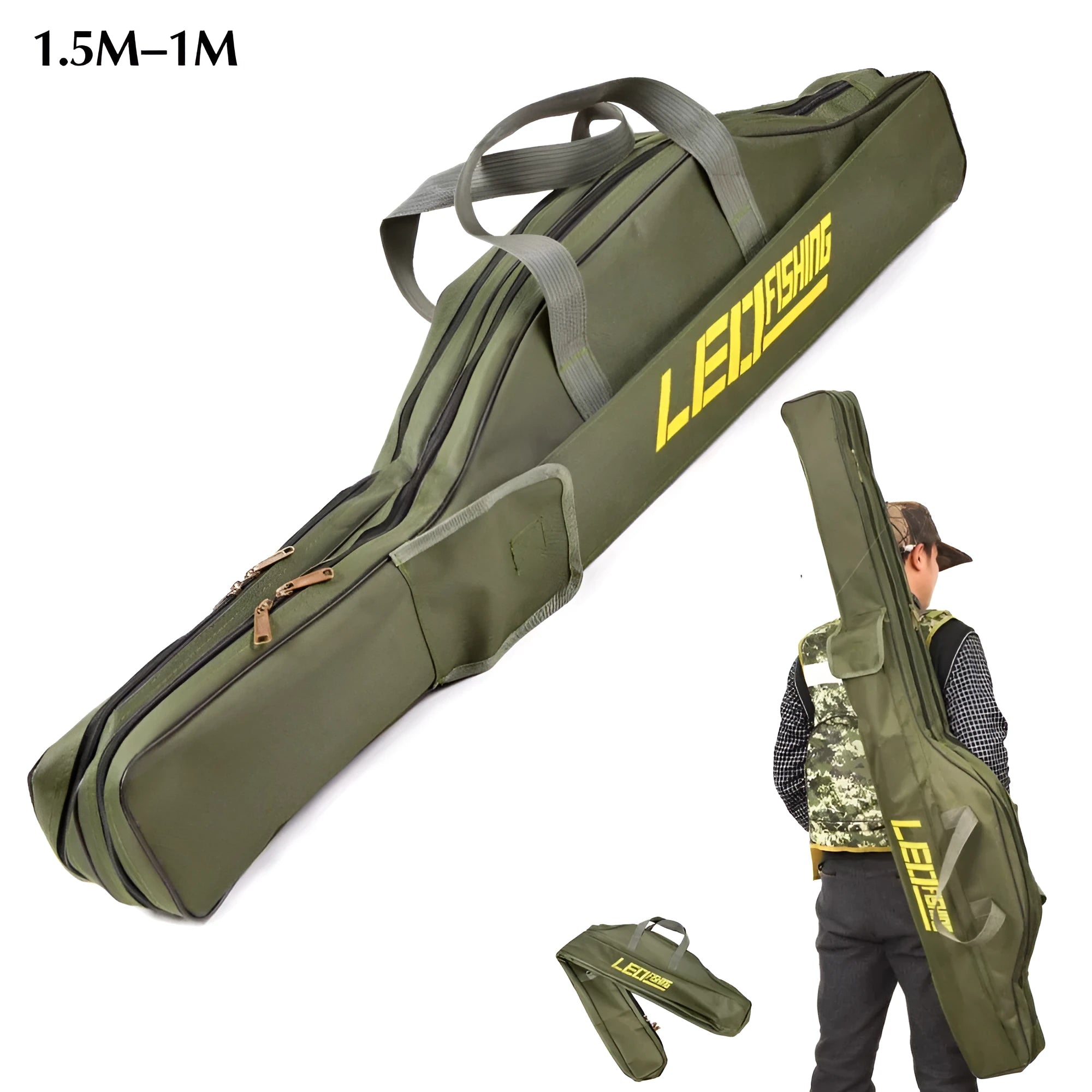 LEO foldable pot belly fishing rod bag in 420D Oxford cloth, 1.5m length, army green colour