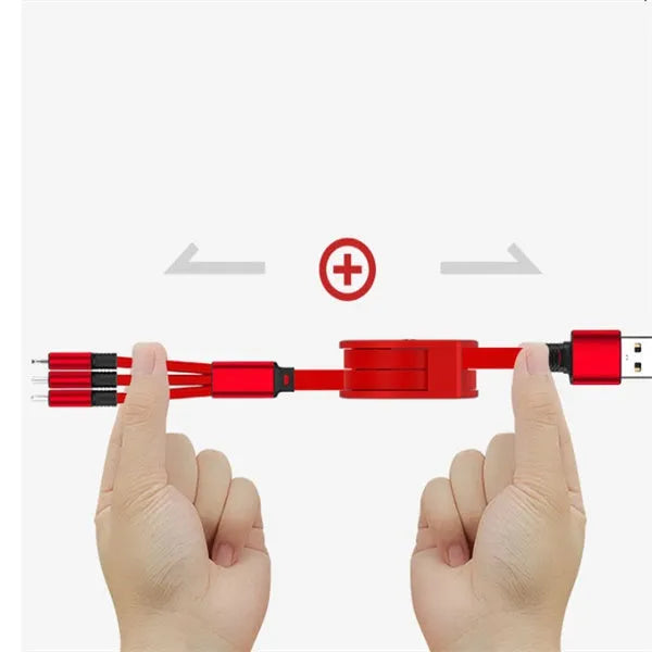 Telescopic 3-in-1 charging cable extended to 120cm with micro-USB, Lightning, and USB-C connectors