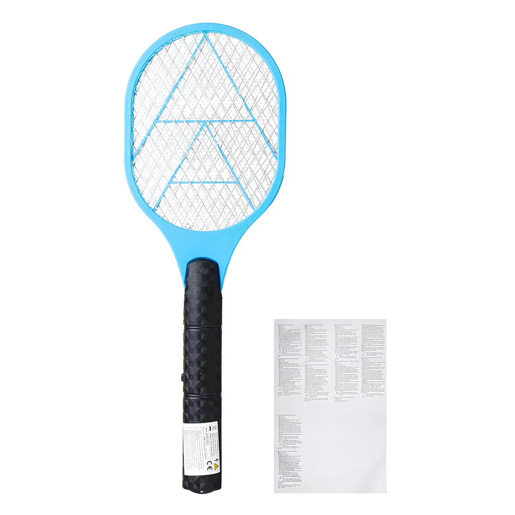 Blue handheld battery electric mosquito swatter with a 45cm long handle and a three-layer metal grid.