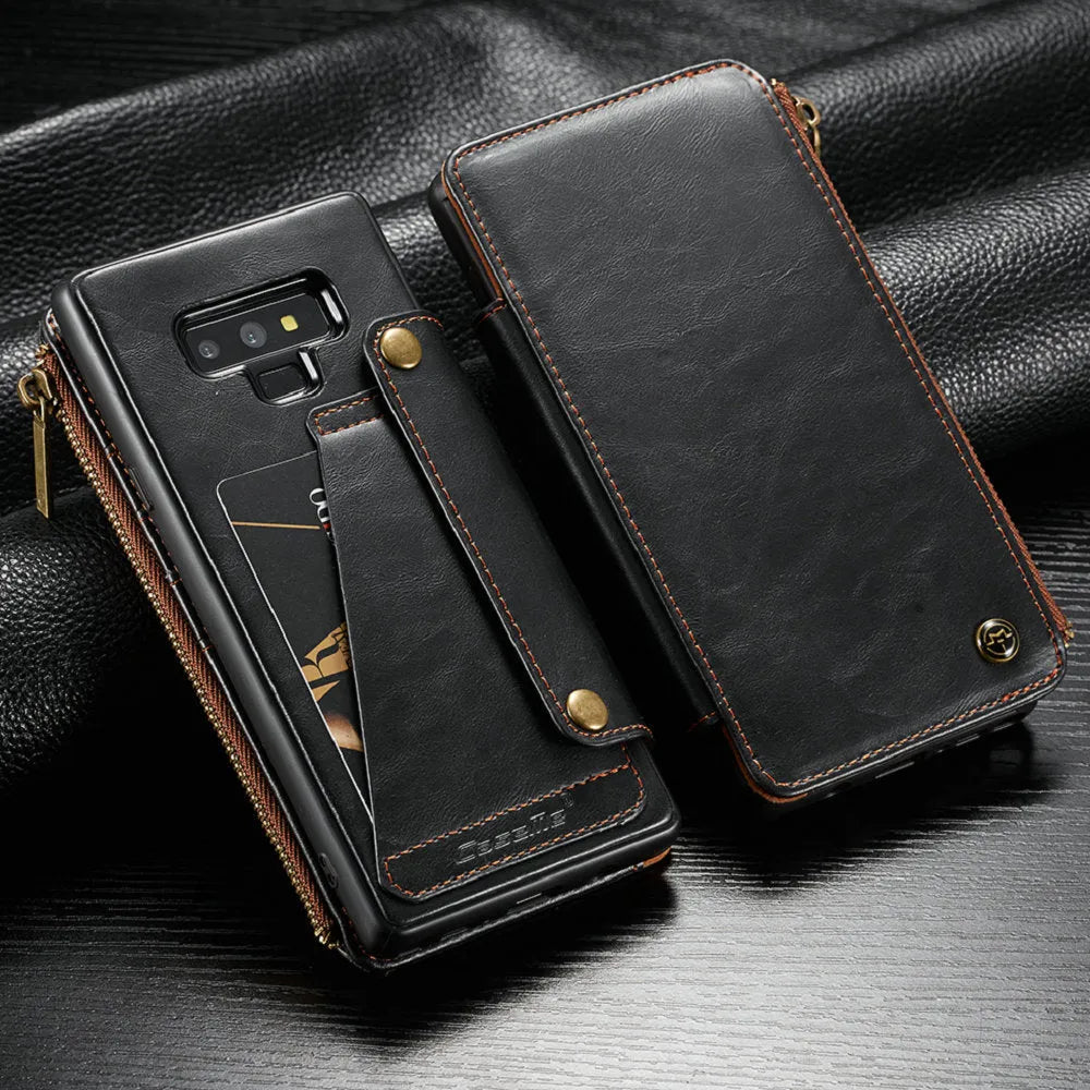 Black PU leather flip phone case open, showing Samsung Galaxy Note9 securely fitted inside.