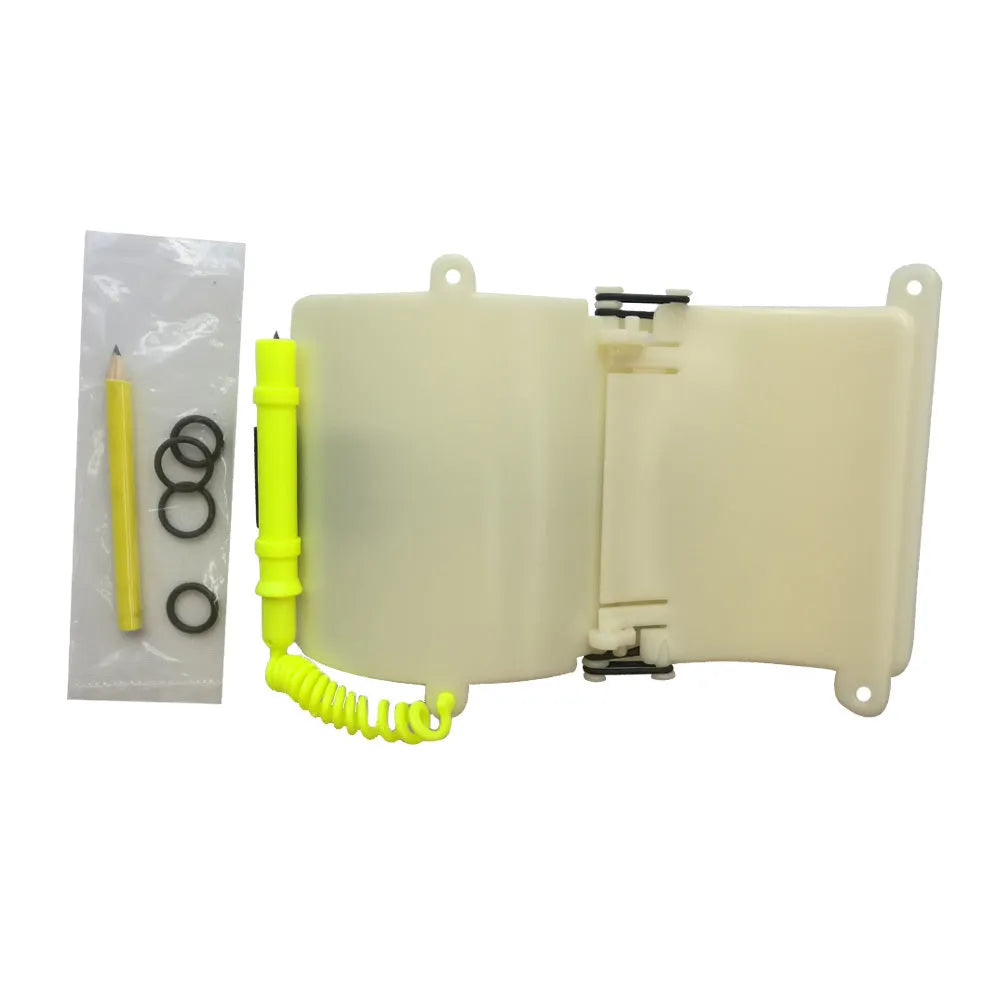 White luminous ABS wrist writing board for underwater communication, shown with a pencil and spare O-ring.