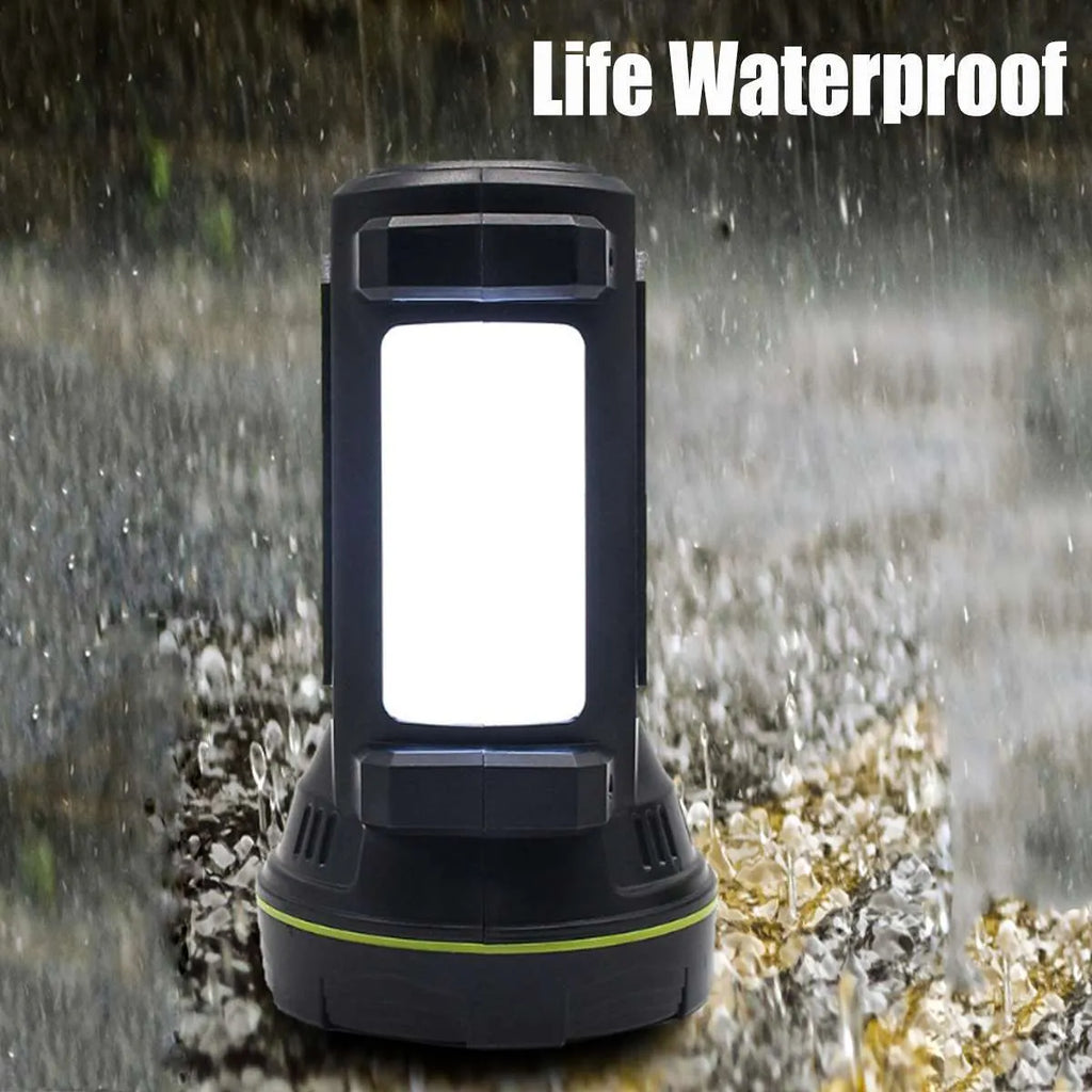 Green USB rechargeable LED flashlight with super bright beam showing 500m range