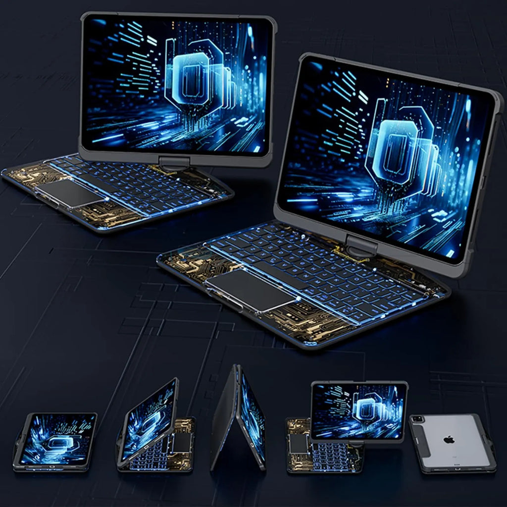 360 swivel iPad keyboard case with transparent backplate and telescopic pen slot in black colour option