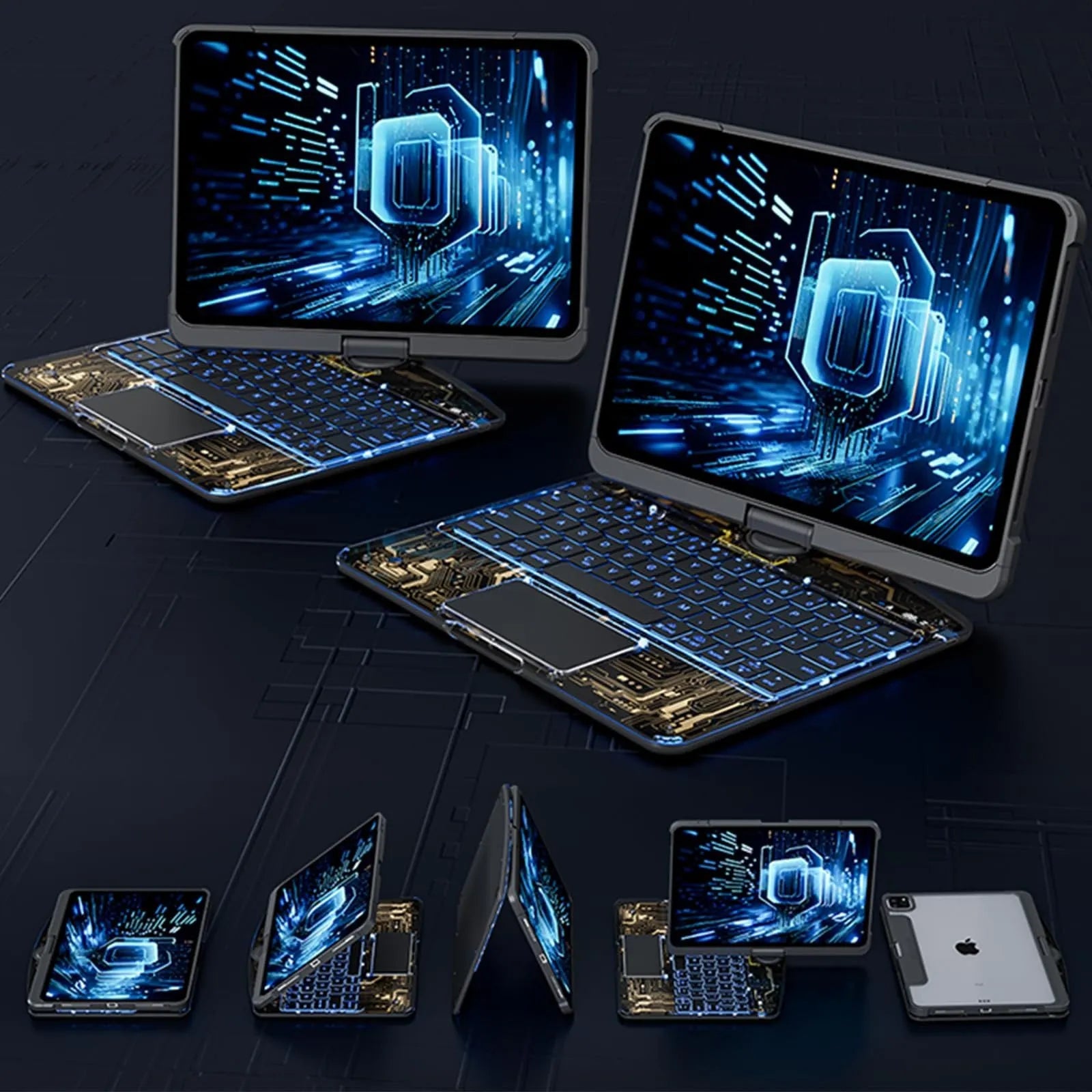 360 swivel iPad keyboard case with transparent backplate and telescopic pen slot in black colour option