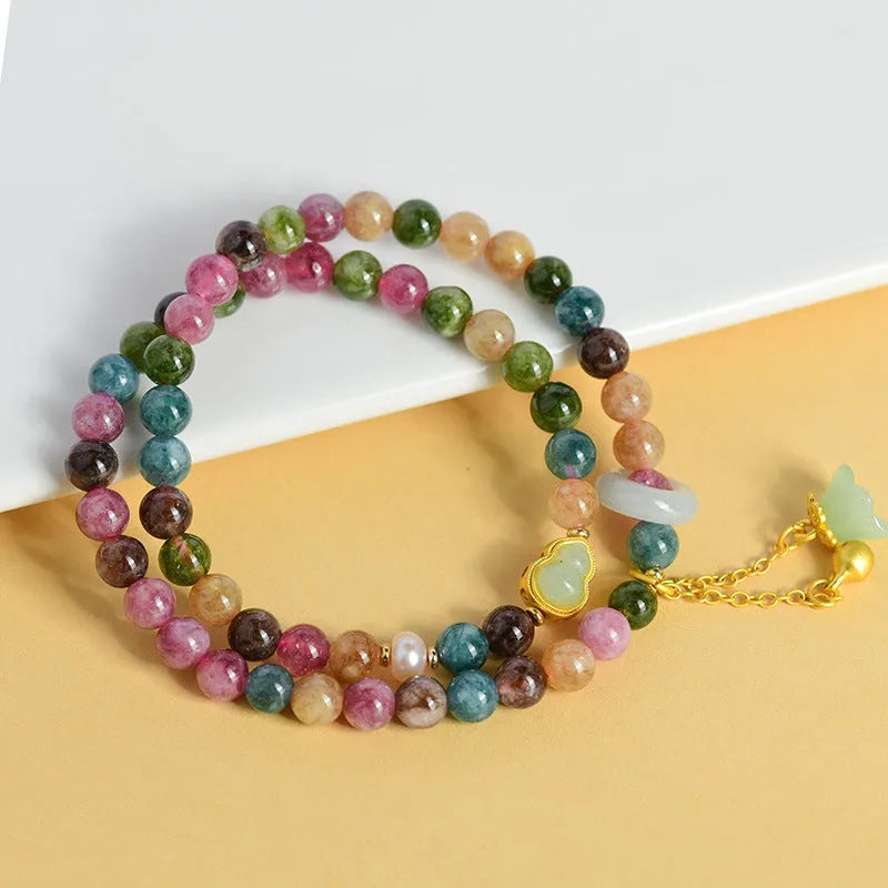 Women's double circle bracelet made from natural chalcedony with 6-6.5mm geometry beads.