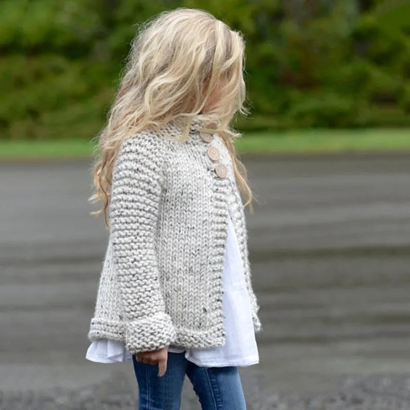 Beige girls cardigan sweater coat with single-breasted closure and long sleeves in knitted rabbit hair blend fabric