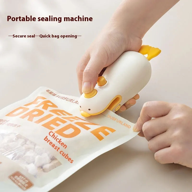Yellow duck-shaped rechargeable electric bag sealer with animal jacquard pattern and charging cable