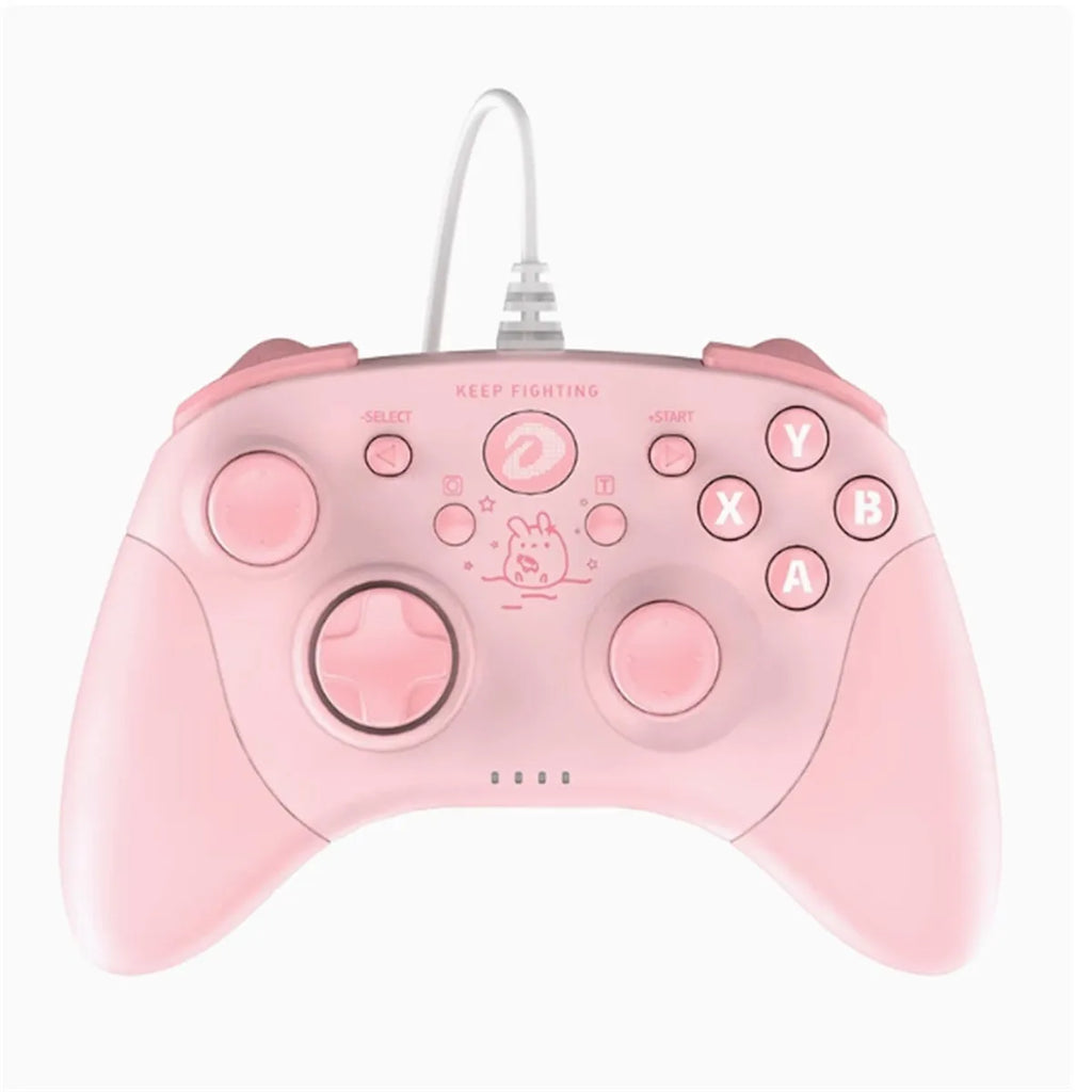 Pink wired gaming PC controller with USB interface and vibration handle, general use gamepad