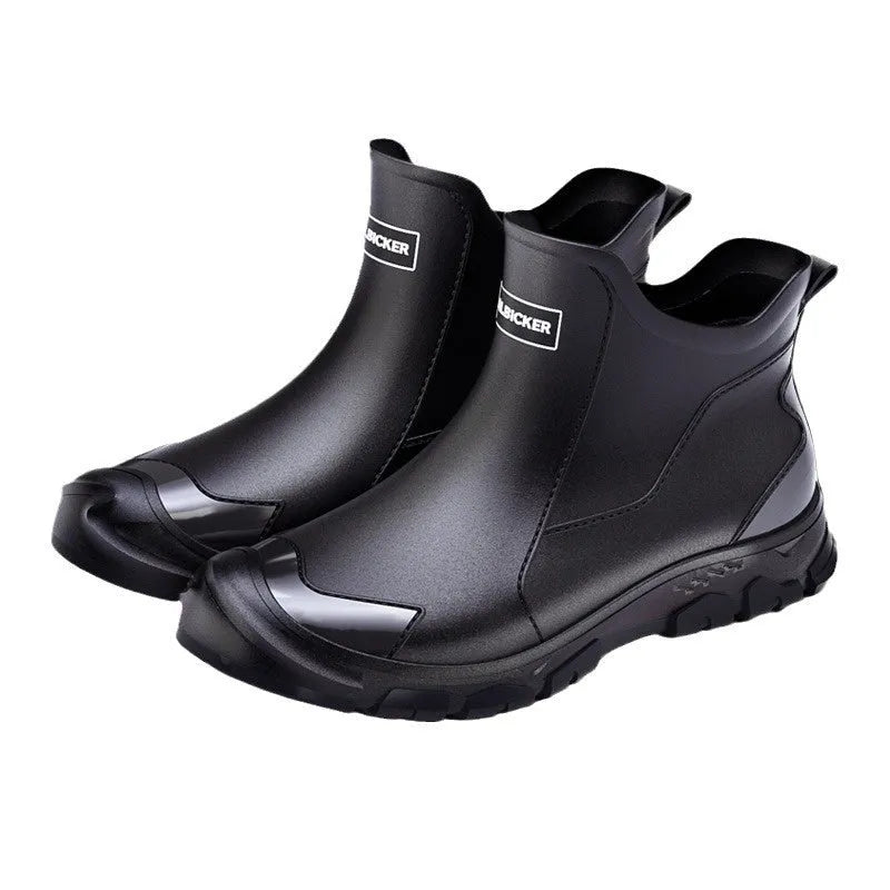 Korean style PVC short tube rain boots with plastic non-slip soles in black red colour option