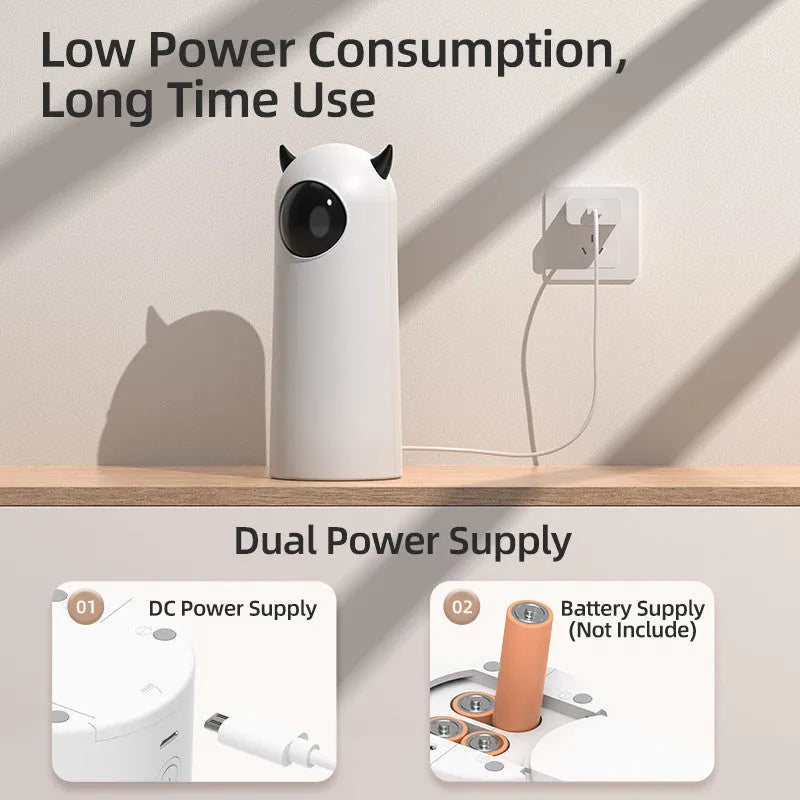 White electric automatic infrared cat teaser toy with USB charging on a minimalist background