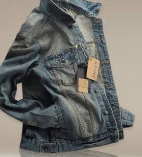 Men's blue denim jacket and jeans set in sizes S to XXXL with long sleeves and detailed size chart.