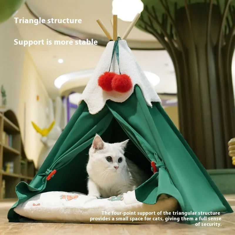 Semi-closed cloth cat house for indoor cats, shown in brown and white mat options.