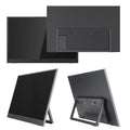 Black 15.6-inch portable LCD monitor on an adjustable stand, showing a desktop workspace.