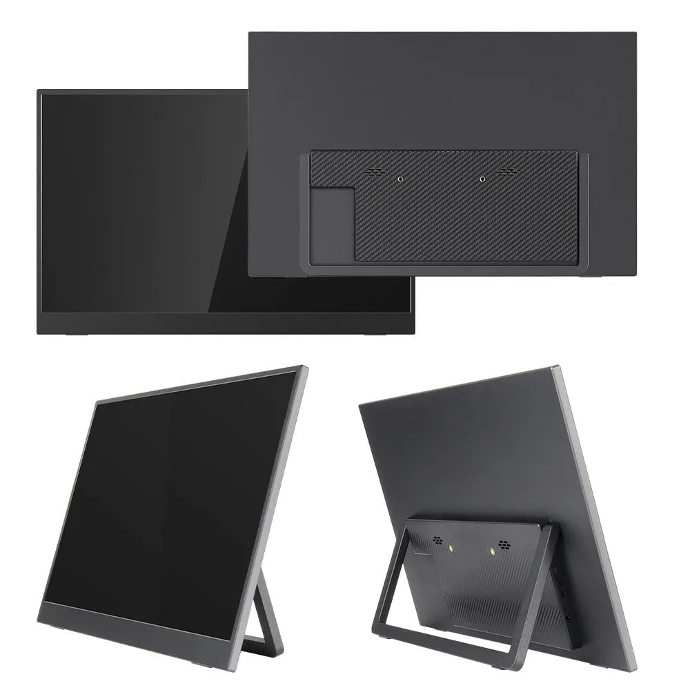 Black 15.6-inch portable LCD monitor on an adjustable stand, showing a desktop workspace.
