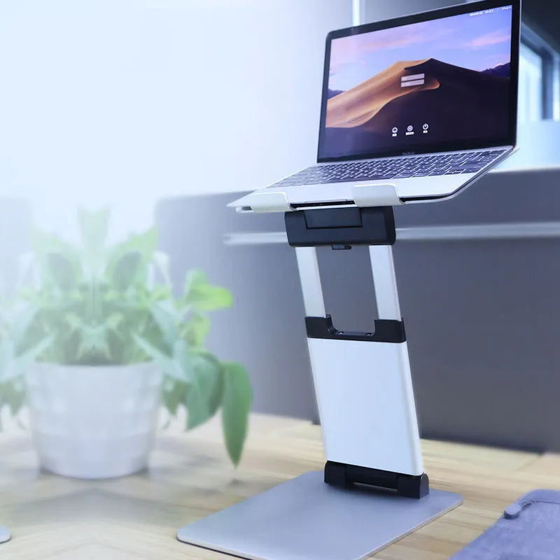 Silver folding double-arm stepless laptop stand for 17 inch notebook, about 70cm sight height, 30KG load