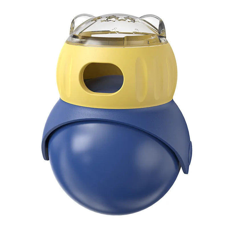 Yellow and blue plastic owl-shaped tumbler cat feeder toy for food puzzles.