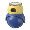 Yellow and blue plastic owl-shaped tumbler cat feeder toy for food puzzles.