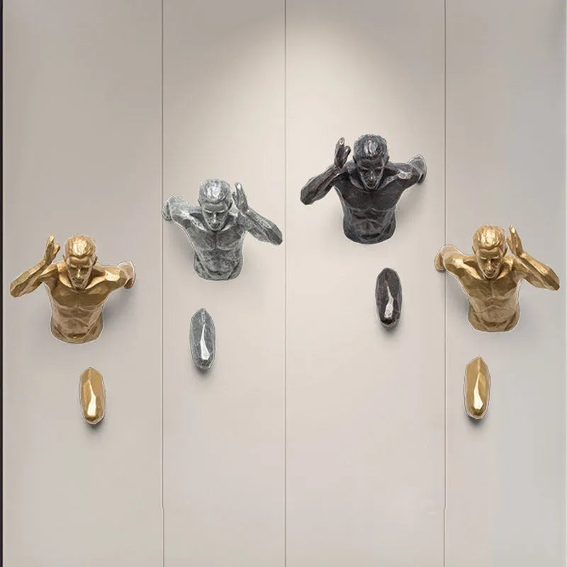 Minimalist metallic resin character sculpture wall hanging in copper finish.