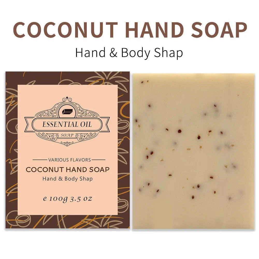 Handmade essential oil soap bar with frosted texture, 100g size, available in multiple scent options