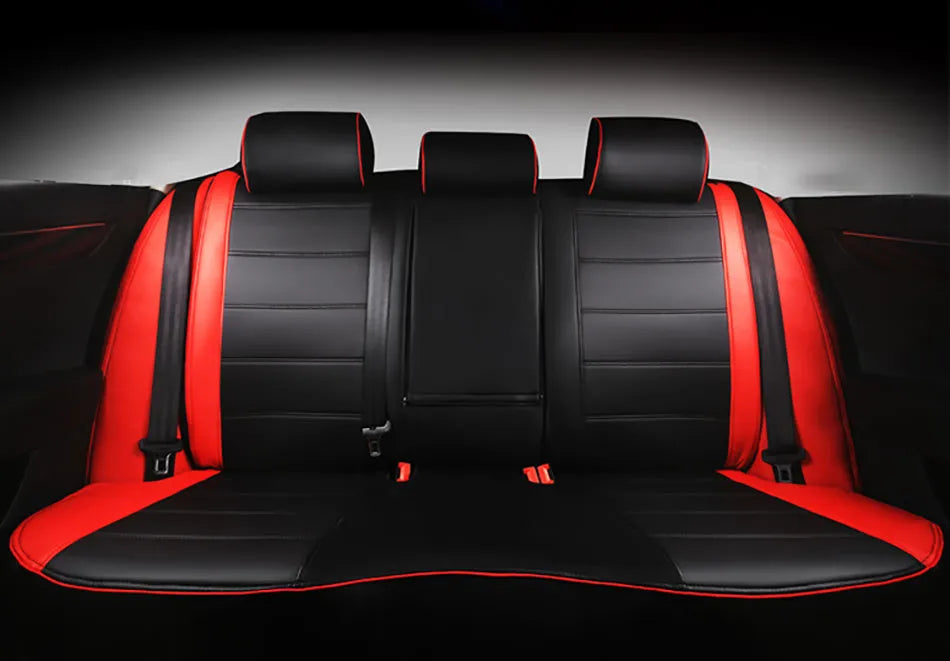 Universal fit car seat cover made from cow leather in a choice of four colours including beige and black with red line.