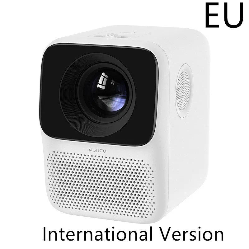 Xiaomi Wanbo T2max/Free compact white HD projector on a table with remote control