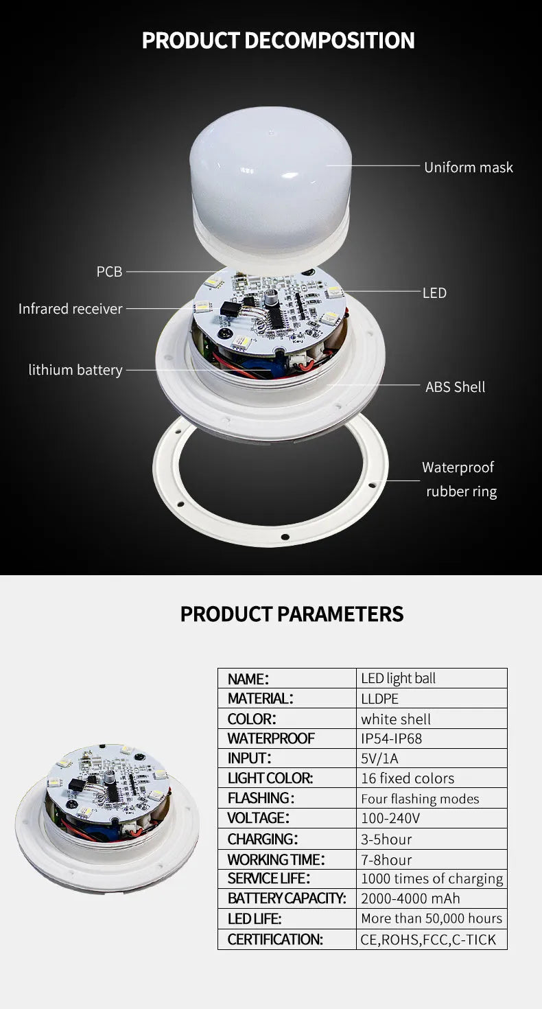 LED luminous ball lamp in garden setting with 16 colour options and remote control