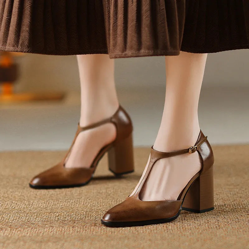 Women's dark brown retro pointed toe Mary Jane shoes with a buckle fastening on a cowhide leather upper.