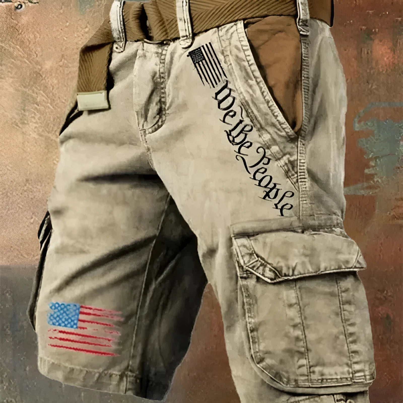 Men's khaki polyester denim work trousers with multiple pockets showing loose fit and mid-waist design