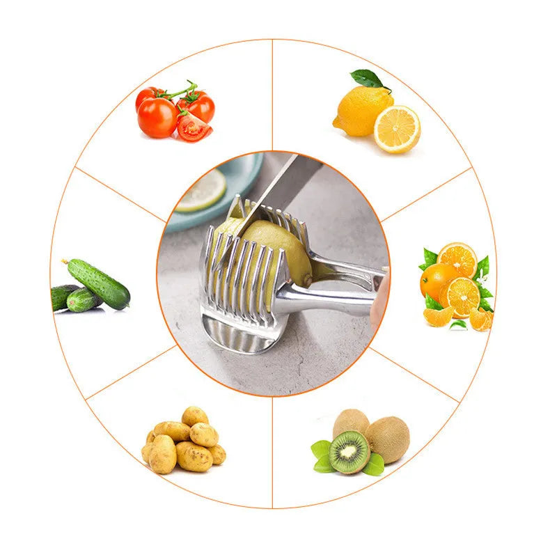 Silver plastic lemon slicer kitchen gadget on a countertop