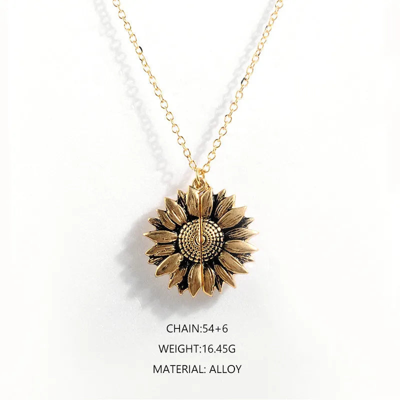 Sunflower double-layer alloy necklace with openable flower centre and lettering plate